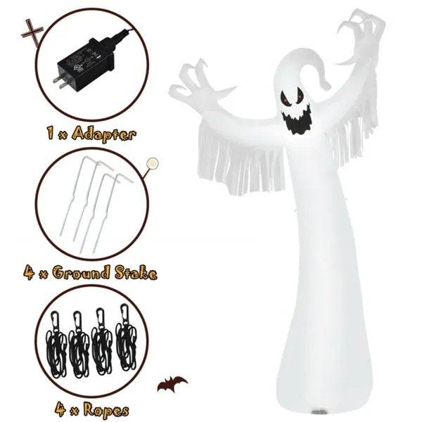 Spooky Halloween Inflatable Ghost - 12 Ft Tall With LED Lights, Waterproof Fabric, Spikes Ropes For Stability, White - EX-STOCK Canada