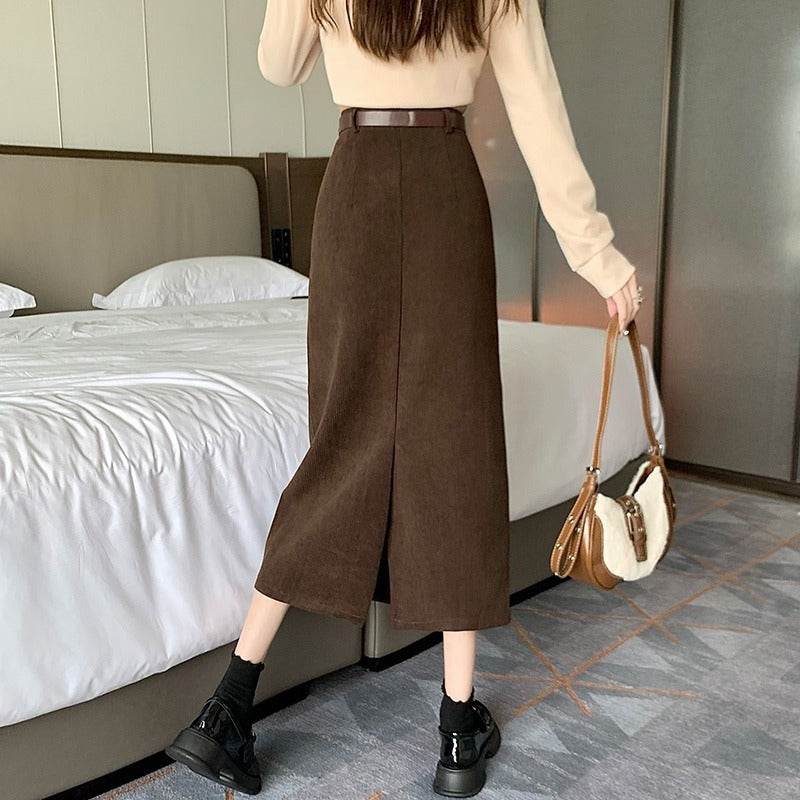 French-style Back slit High waist Midi Corduroy pencil Skirt for women - EX-STOCK Canada