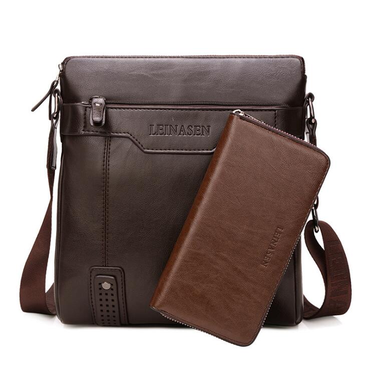 Brown leather crossbody bag with matching wallet on a white background