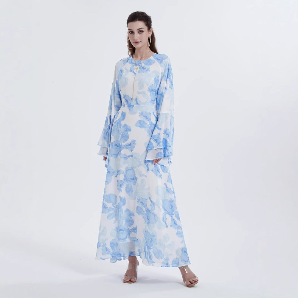 Muslim Chiffon Printed Bell Sleeve Dress - EX-STOCK Canada