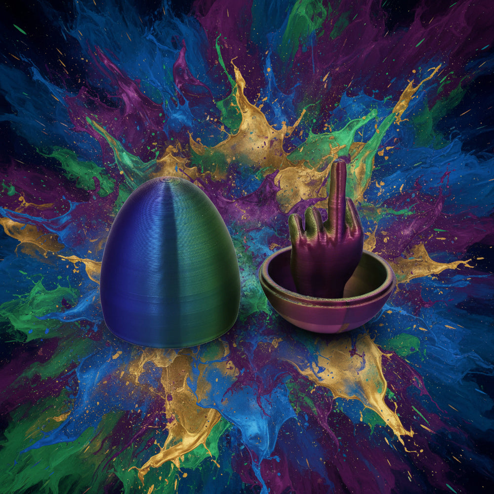 Colorful ceramic egg-shaped object with a smaller bowl-like item on a white background
