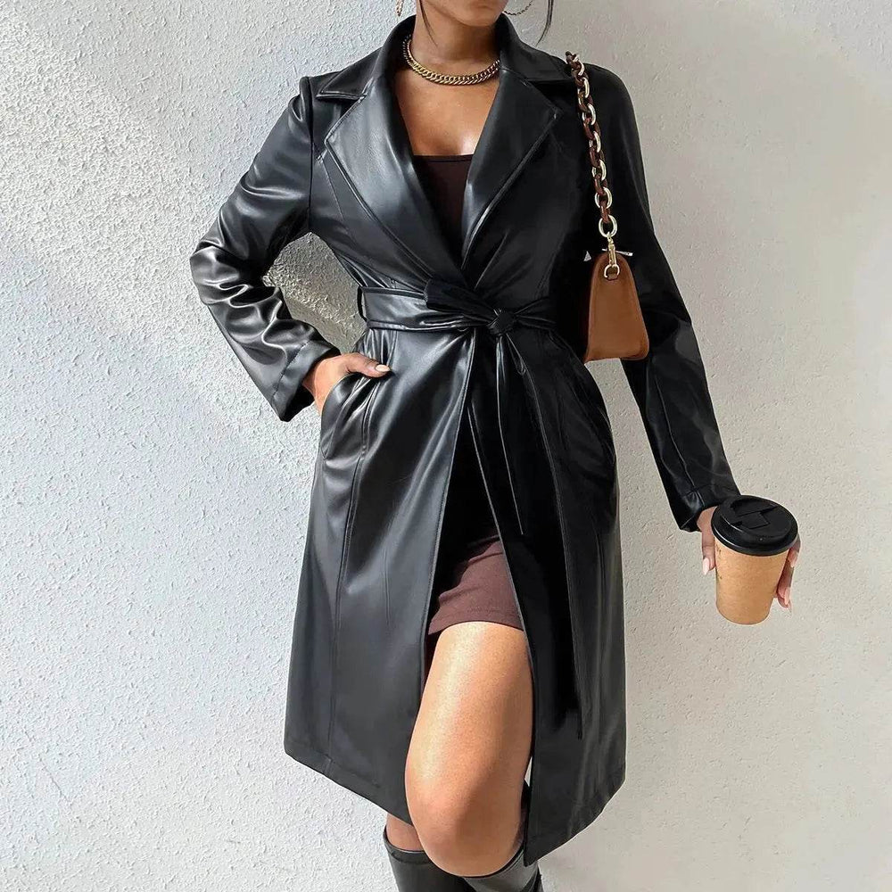 Fashionable Longline leather overcoat Jacket for women - EX-STOCK Canada