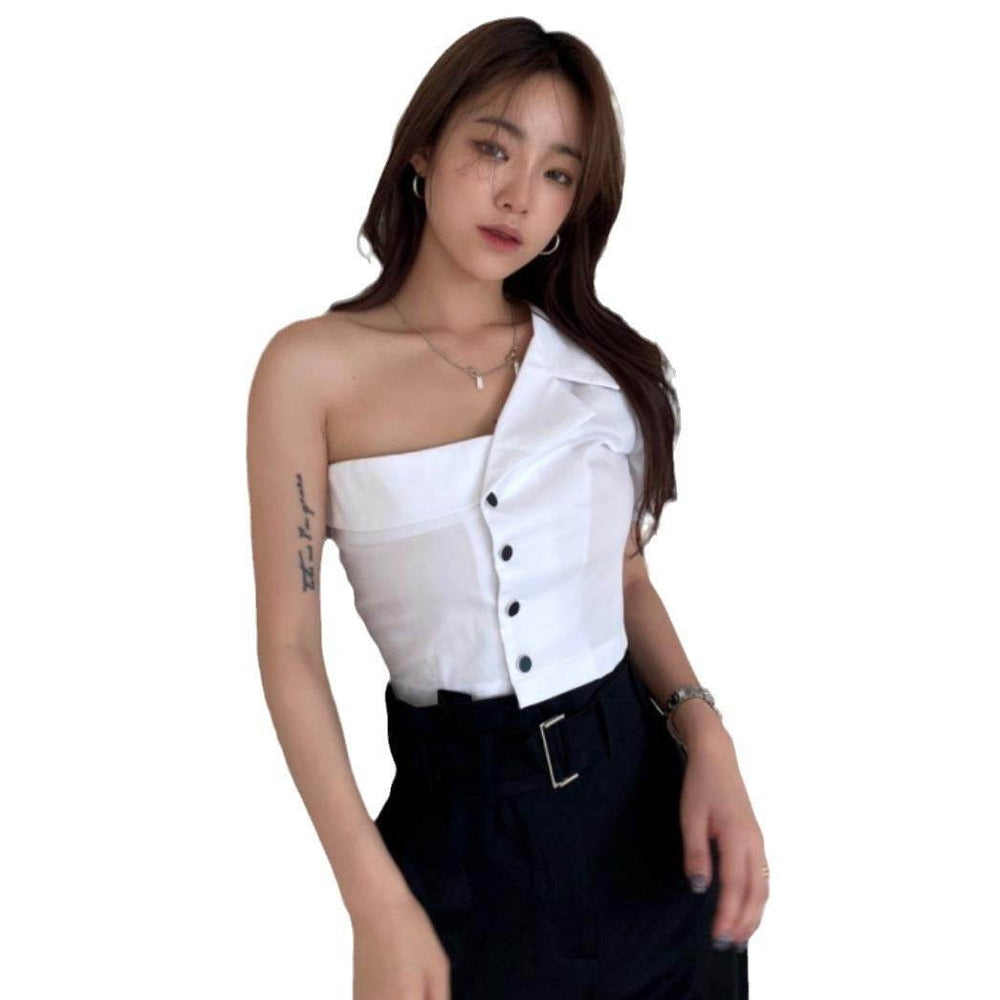 Summer Fashionable Irregular One-shoulder Design Single-breasted blouse Shirt For Women - EX-STOCK Canada