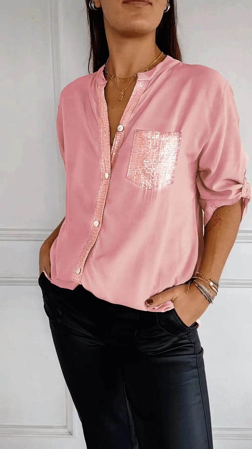 Casual Button-down Long Sleeve Shirt With Sequin Pocket Design Fashion Commuter Top Women Clothing - EX-STOCK Canada