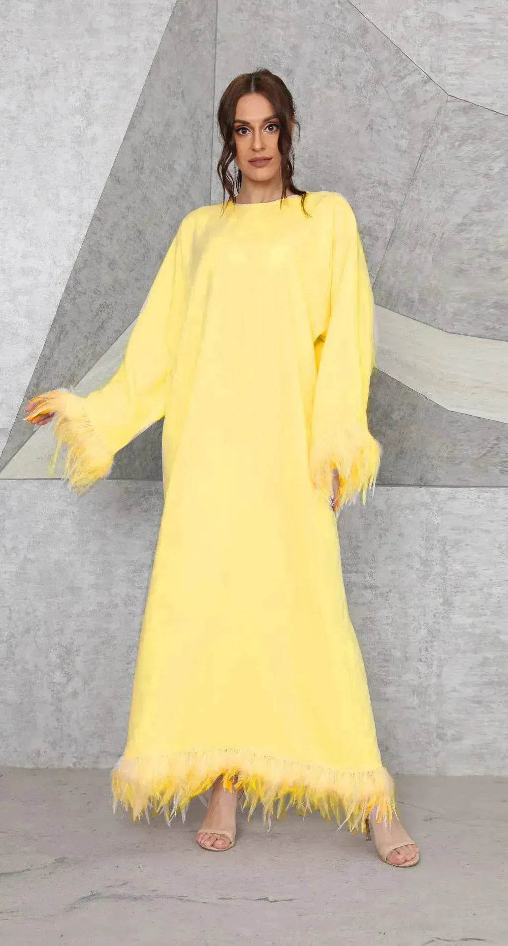 Feather Long Sleeve Middle East Arabic Elegant Round Neck Dress - EX-STOCK Canada
