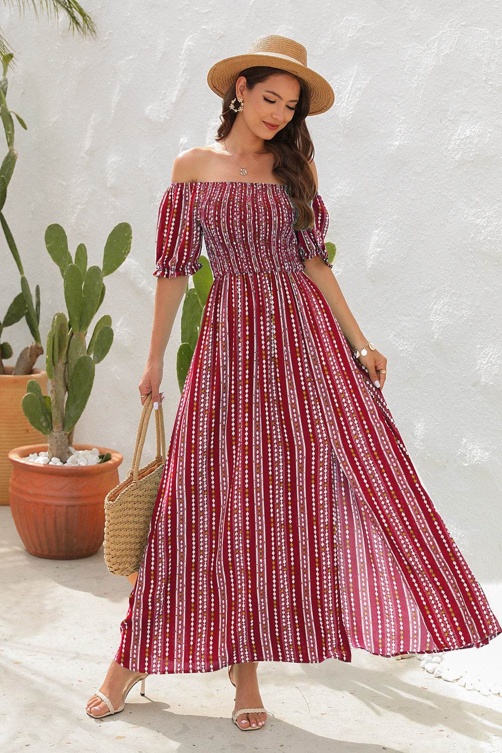 Elegant Off shoulder Spring Summer Maxi dress Slit Chiffon maxi dress for Beach vacation resort travel - EX-STOCK Canada