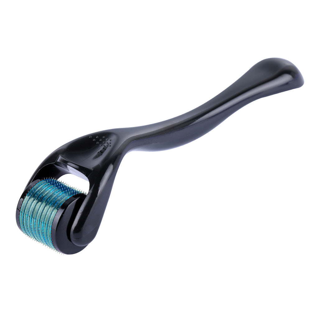 Black derma roller with blue metallic head on a white background