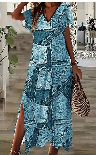 Elegant Women's Short Sleeve V-Neck Denim-Inspired Dress With Geometric Print And Side Slit - Machine Washable - Chic Summer Fashion - EX-STOCK Canada