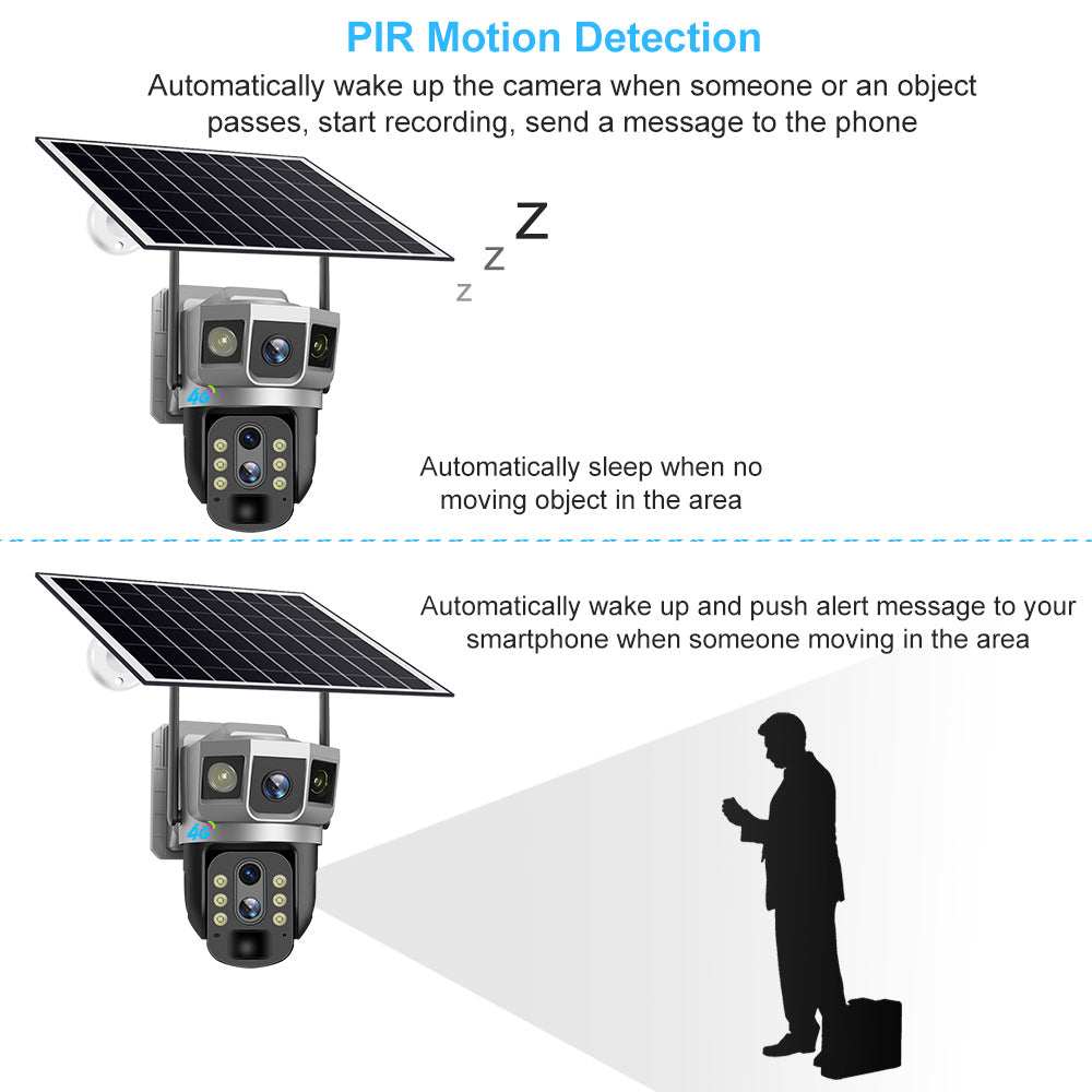 Solar security camera with PIR motion detection features on a white background