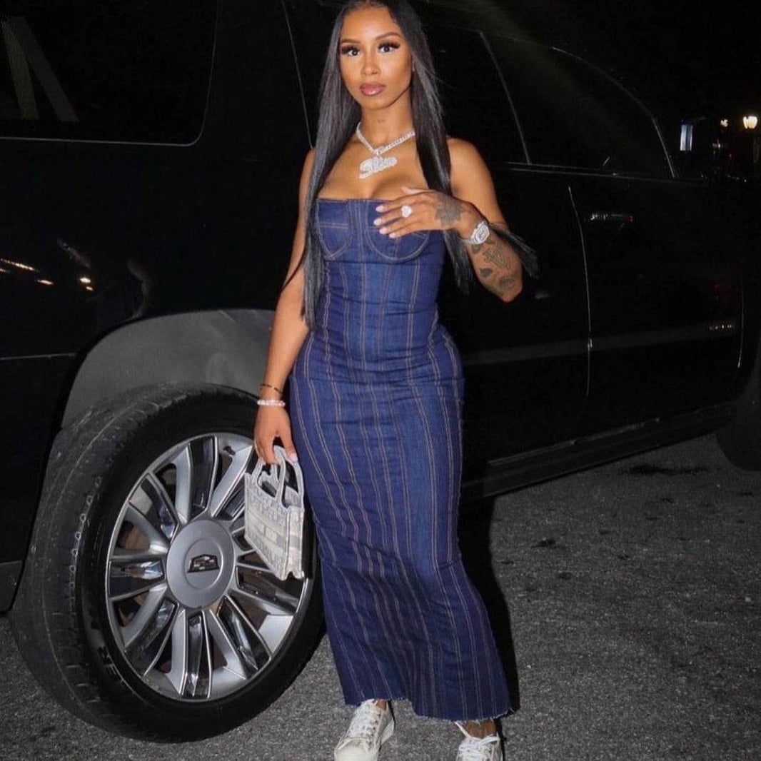 Fashion Strapless Tube Top Denim Long Fitted Jeans Dress - EX-STOCK Canada