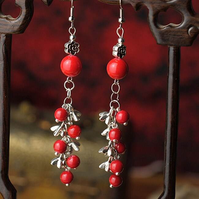 Ethnic Style Jewelry Red Pearl Seedling Silver Beaded Earrings - EX-STOCK Canada