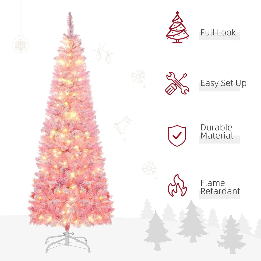 6 Foot Prelit Snow Flocked Artificial Christmas Tree With Pencil Shape, 500 Pine Realistic Branches, Warm White LED Lights, Auto Open, Pink And White EX-STOCK Canada