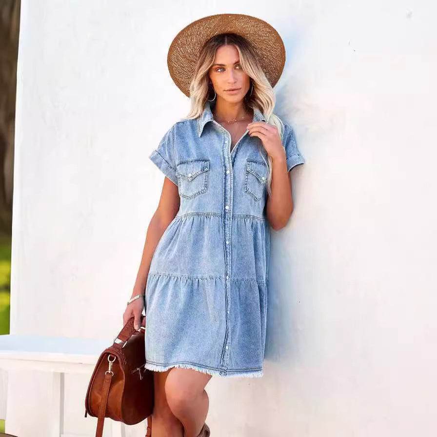 Casual Fashion Denim Short Sleeve loose mini Dress - EX-STOCK Canada
