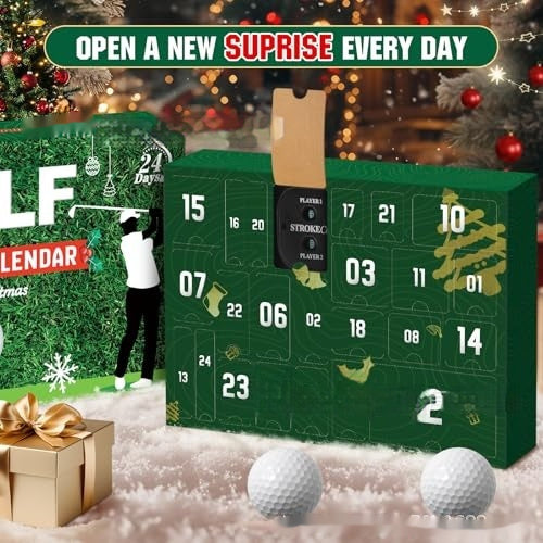 Green golf-themed advent calendar with golf balls and gift box on a festive background