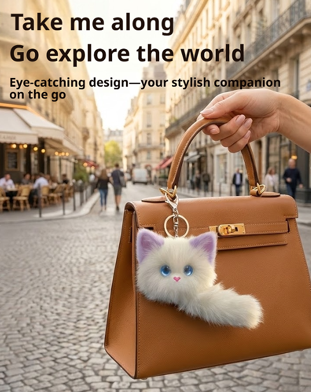 A tan leather handbag with gold hardware is carried by a person's hand on a cobblestone street. A white fluffy cat plush keychain with purple ears and blue eyes hangs from the bag's ring.