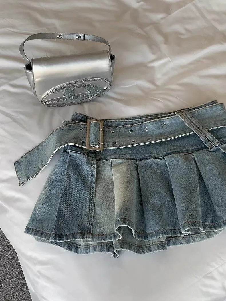 High Waist Slimming Denim Pleated Mini Skirt - EX-STOCK Canada