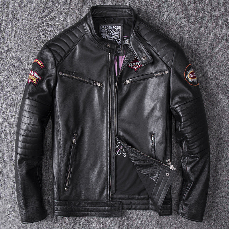 Men's Embroidered Genuine Leather Biker Jacket | EX-STOCK