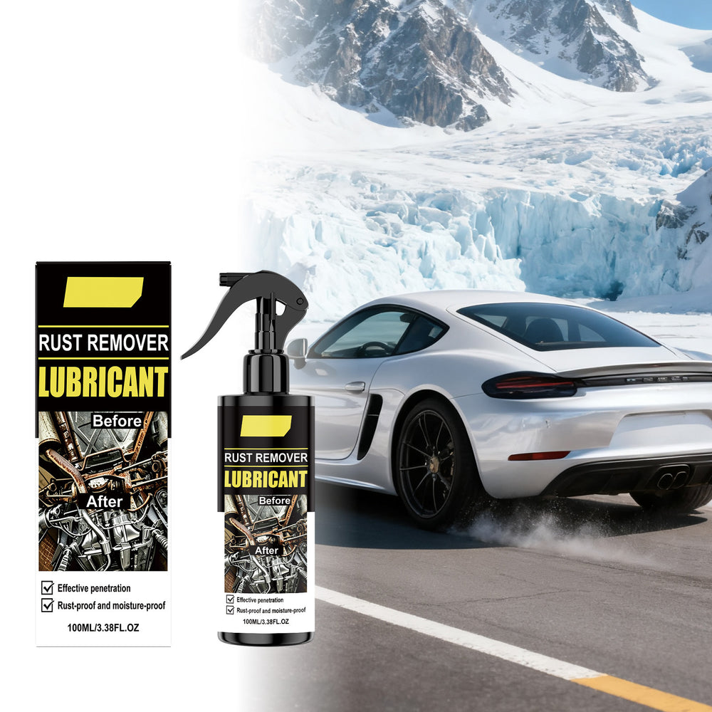 Rust remover lubricant bottle and box shown alongside a white sports car on a road with snowy mountains in the background, indicating automotive rust removal use.