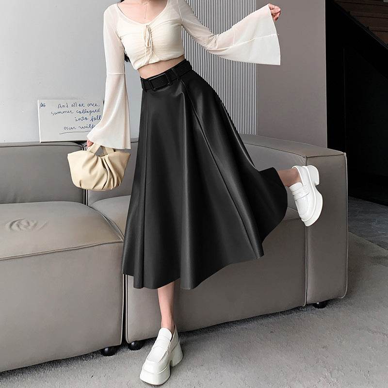 Elegant women High waist Flared Midi PU Leather skirt - EX-STOCK Canada