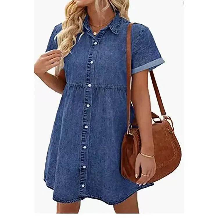 European And American Washed Denim Lapel Ruffled Denim Dress Jeans Flared dress Casual Denim mini dress - EX-STOCK Canada