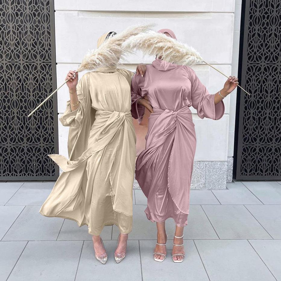 ensemble abaya 3 pièces pour femmes robe en satin