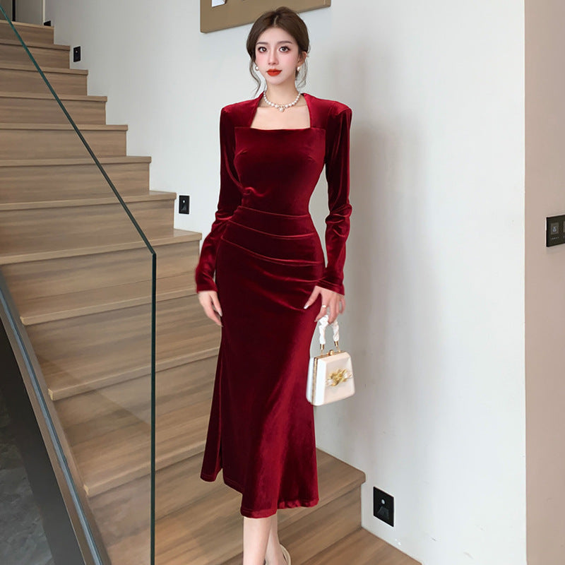 Women's Fashion Velvet Sheath Long Dress EX-STOCK Canada