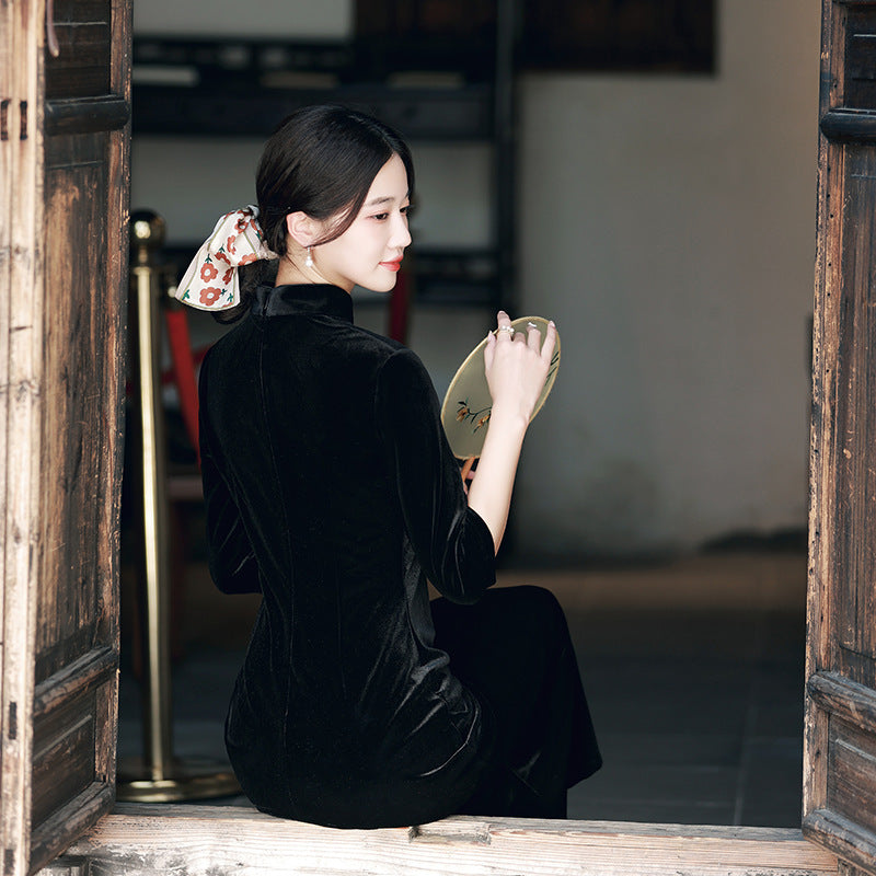 Improved Chinese-style Velvet Embroidered Dress Slim Dress EX-STOCK Canada