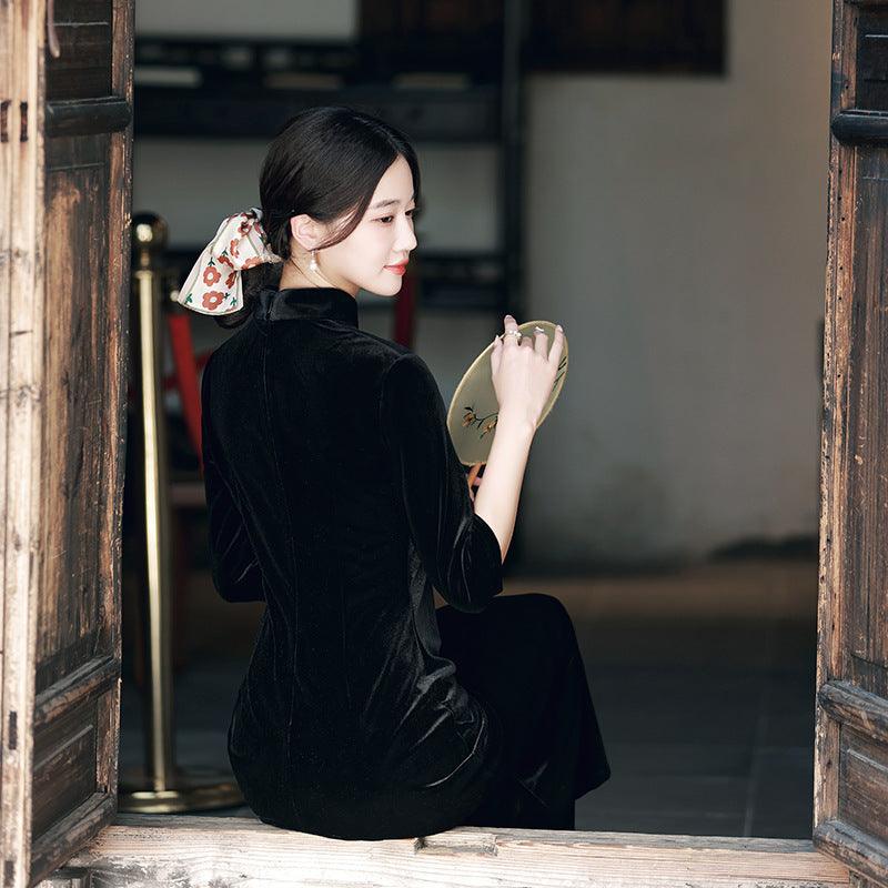 Improved Chinese-style Velvet Embroidered Dress Slim Dress EX-STOCK Canada