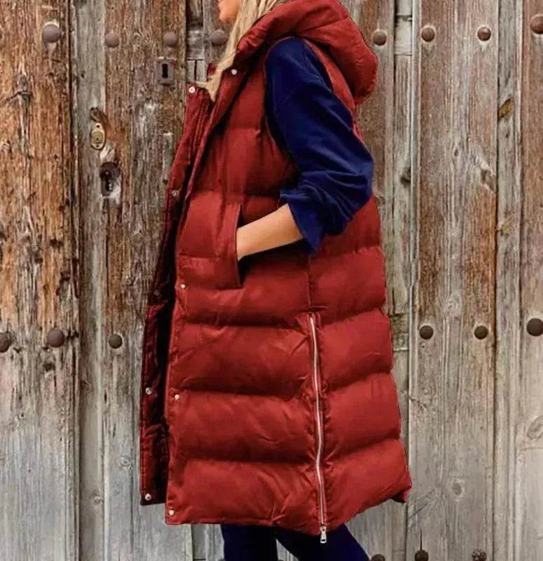 Pure Color Hooded Long Cotton Quilted Puffer Vest Casual - EX-STOCK Canada