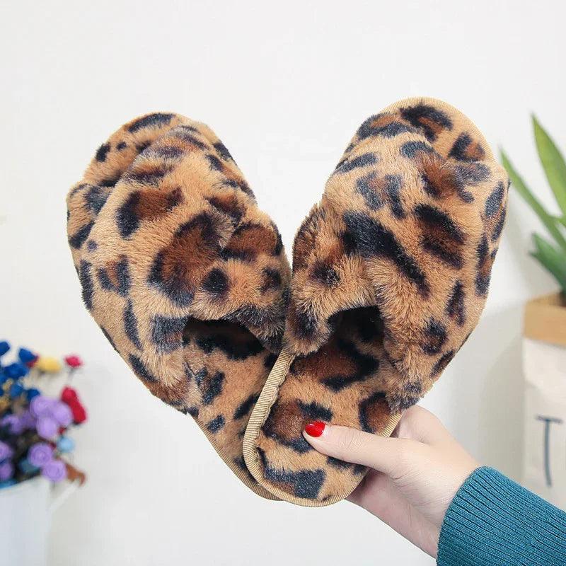 Cross-strap Fuzzy Slippers Leopard Plush House Shoes Flat Bedroom Slippers Slippers For Women EX-STOCK Canada