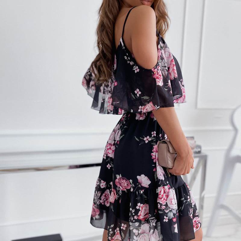 Flower Printed Ruffled Suspender Dress Summer Off-the-shoulder Strap Dresses Women - EX-STOCK Canada