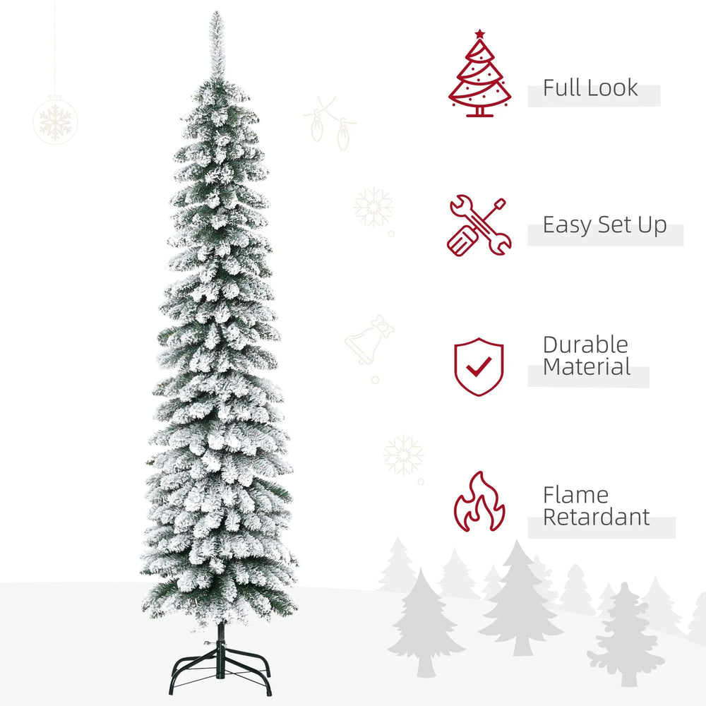6 Ft Snow-Flocked Artificial Christmas Tree, Slim Pencil Xmas Tree With Realistic Branches, Metal Base, Green EX-STOCK Canada