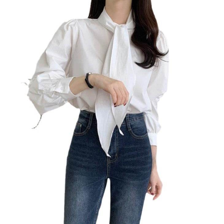 Spring New Gentle Lace-up Bow Tie Design Puff Sleeve Solid Color Shirt For Women - EX-STOCK Canada