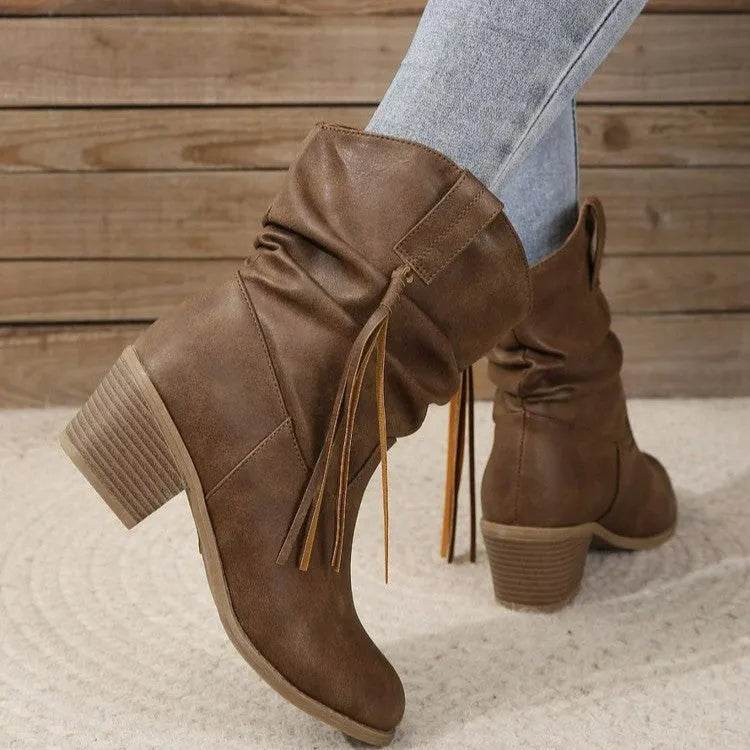 Retro Tassel Boots Winter Thick Square Heel Mid-calf Knight Western Boots Woman Fashion Shoes - EX-STOCK Canada