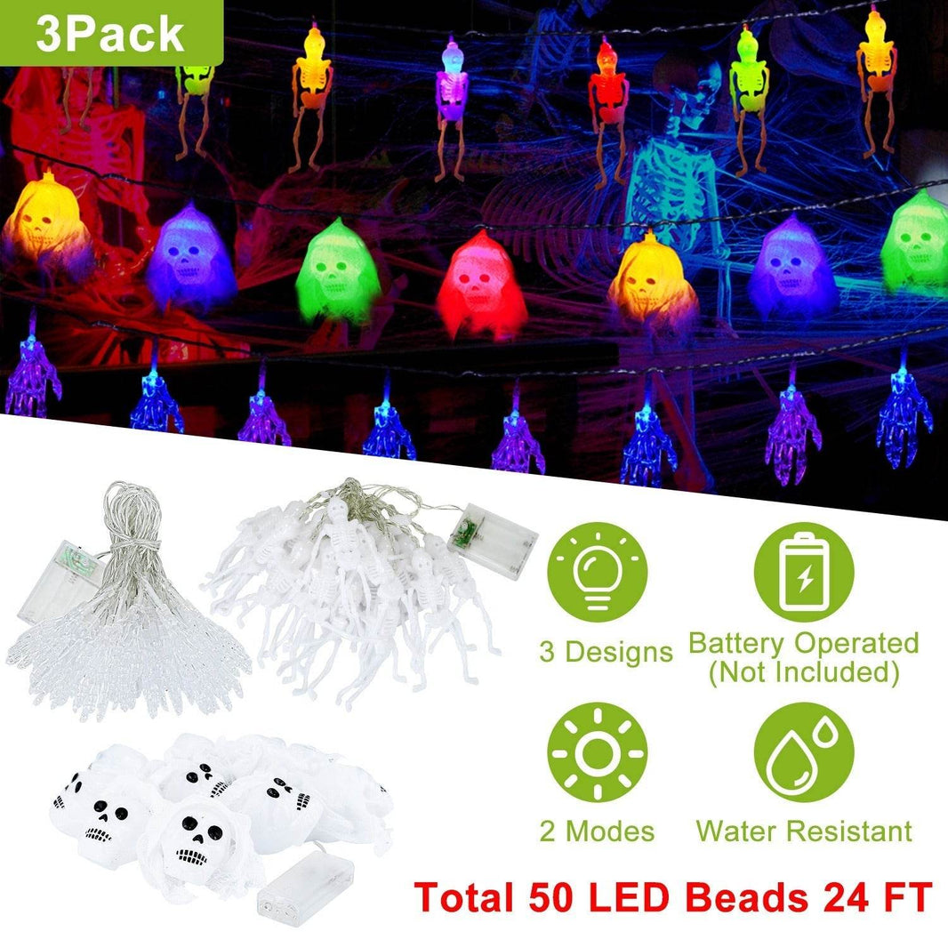Set Of 3Pcs Halloween Light Decorations Total 50 LEDs 24ft Halloween String Lights Colorful 3D Skeleton Ghost String Lights Gauze Skull String Lights Spooky Hands String Lights For Indoor Outdoor Part - EX-STOCK Canada