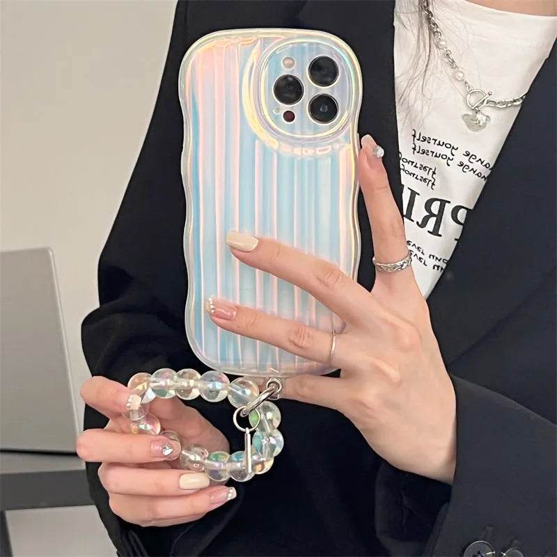 Laser Wave Silicone Phone Case Gradient Laser Stripes Bracelet Case For IPhone 14 13 12 11 Pro Max Plus Bead Chain - EX-STOCK Canada