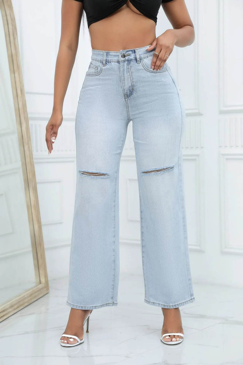 Elegant Ripped Wide-leg Baggy Jeans Pant Women - EX-STOCK Canada