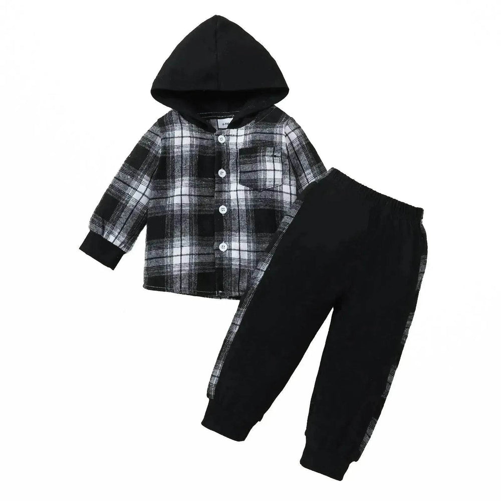 Toddler Baby Boy Classic Plaid Hooded Long Sleeve Shirt Contrast Color Trousers Suit Two piece for boys - EX-STOCK Canada