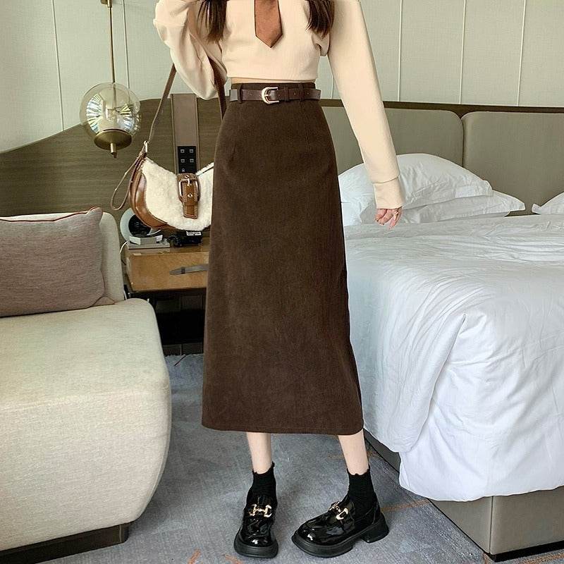 French-style Back slit High waist Midi Corduroy pencil Skirt for women - EX-STOCK Canada