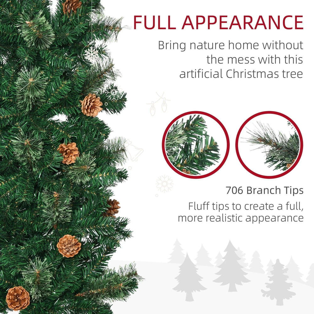 7.5ft Pencil Christmas Tree, Artificial Christmas With Pine Needles, Realistic Branches, Pine Cones, Metal Base, Green EX-STOCK Canada