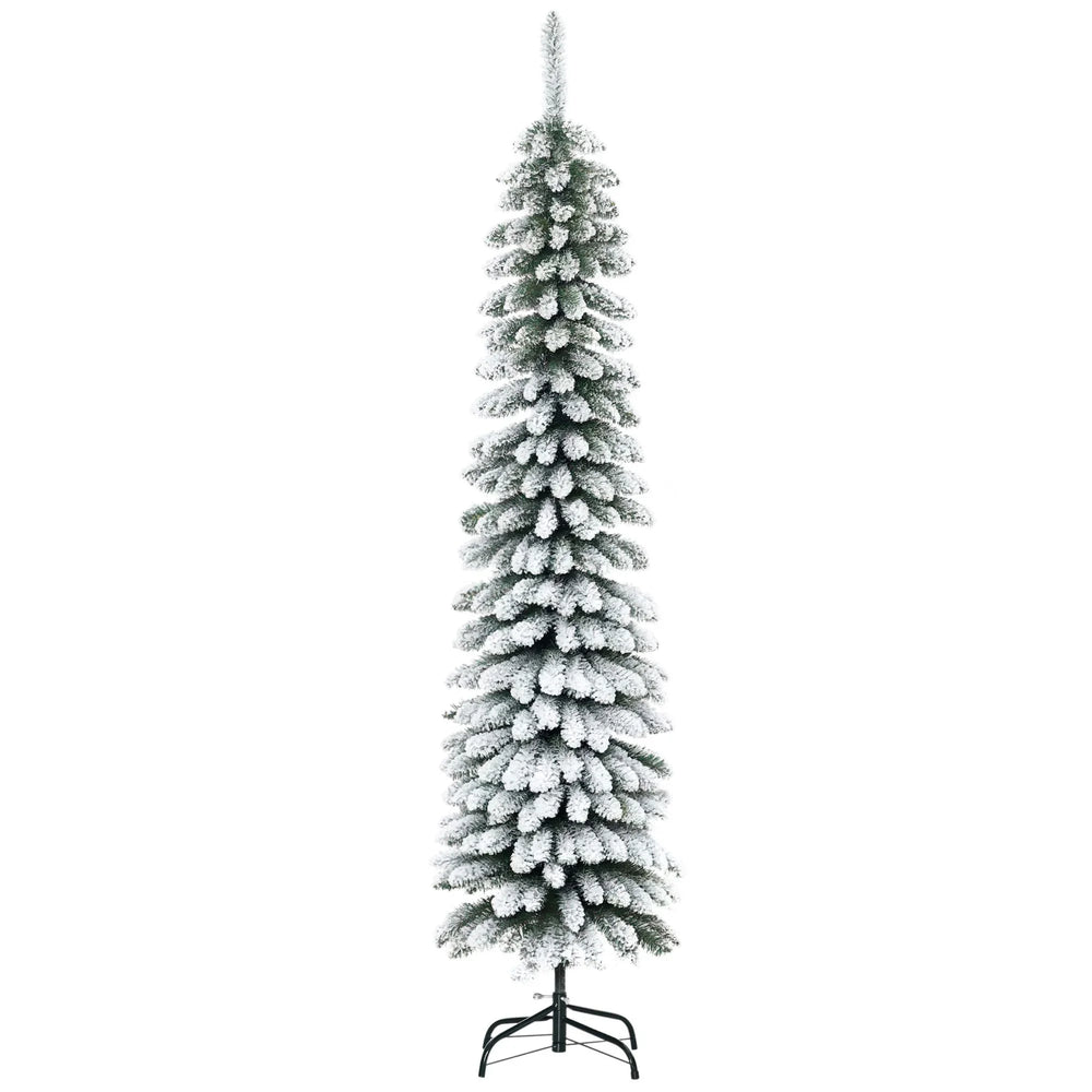 6 Ft Snow-Flocked Artificial Christmas Tree, Slim Pencil Xmas Tree With Realistic Branches, Metal Base, Green EX-STOCK Canada