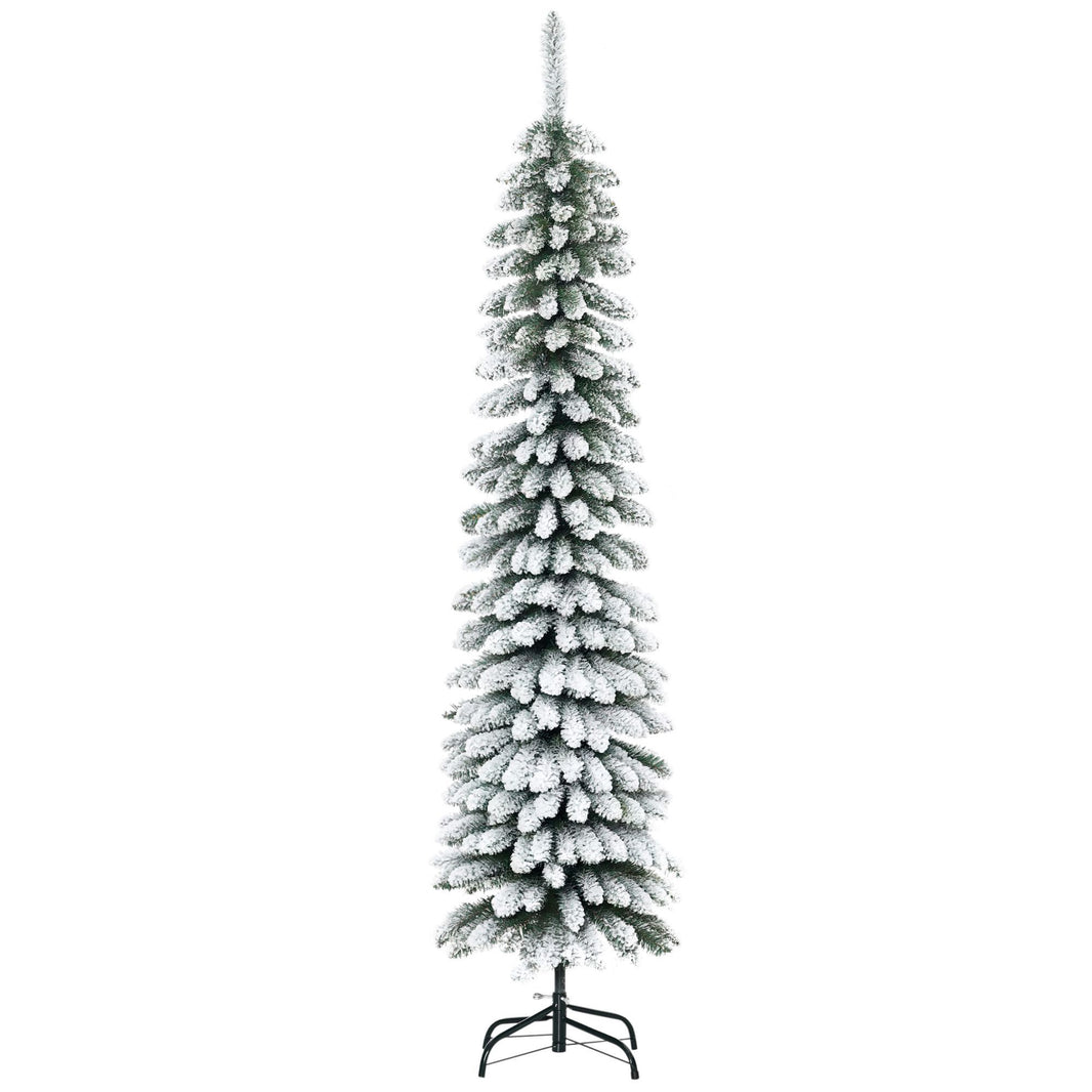 6 Ft Snow-Flocked Artificial Christmas Tree, Slim Pencil Xmas Tree With Realistic Branches, Metal Base, Green EX-STOCK Canada