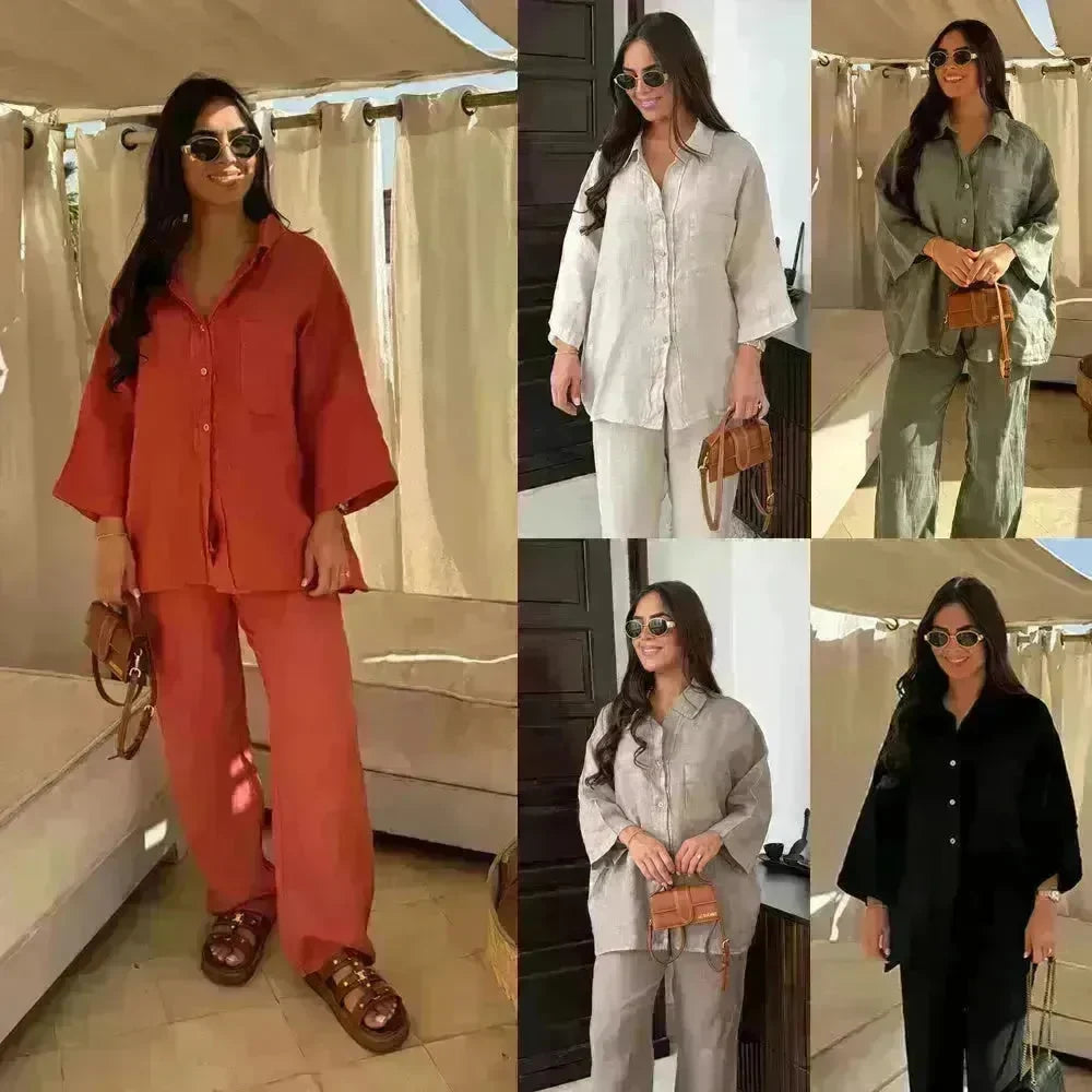 Casual Women Wide Leg Pants Long Sleeves Shirt Sets Ladies Loose High Street 2 Piece Outfits Pant co ords for Women Trouser co ords for Women - EX-STOCK CANADA