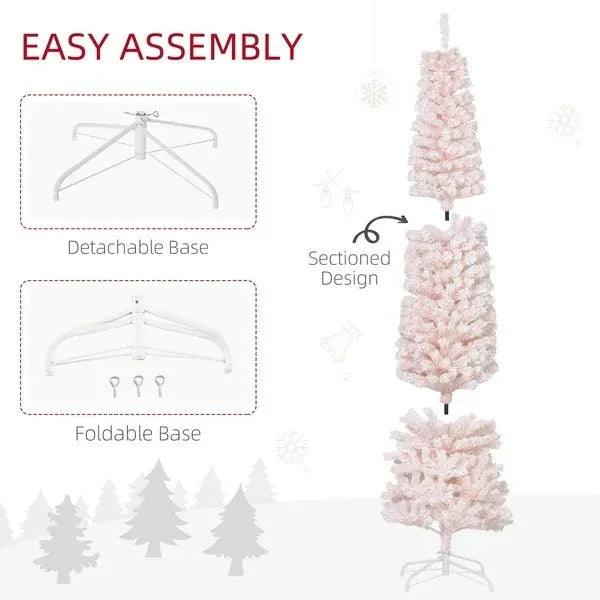 7.5ft Flocked Christmas Tree, Pencil Christmas Tree With Realistic Branch Tips, Folding Metal Stand EX-STOCK Canada