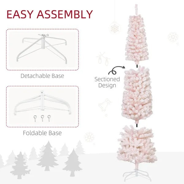 7.5ft Flocked Christmas Tree, Pencil Christmas Tree With Realistic Branch Tips, Folding Metal Stand EX-STOCK Canada