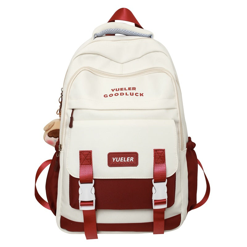 White and red backpack with 'Yueler' branding on a white background