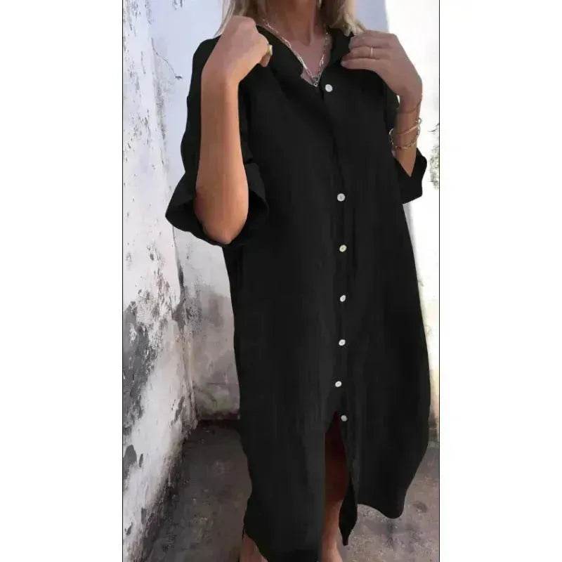 Women Loose Casual Half Sleeve Cotton Linen Buttoned down Shirt Dress - EX-STOCK Canada