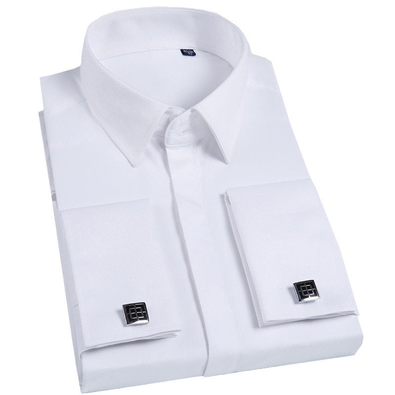 Folded white dress shirt with cufflinks on a white background