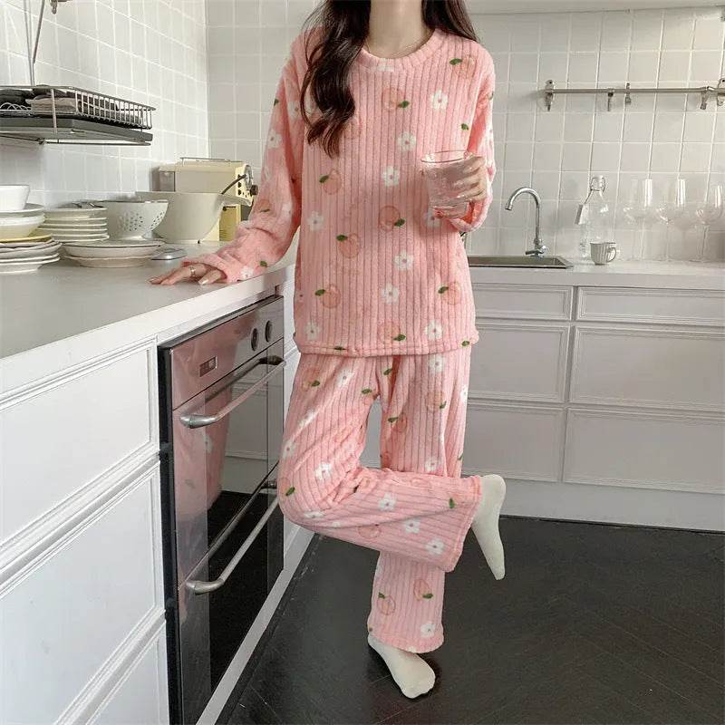 2pcs Women's Fall Winter Warm Pajamas Sets Coral Long Sleeve Cute Cartoon Bear Sleepwear Nightclothes - EX-STOCK Canada