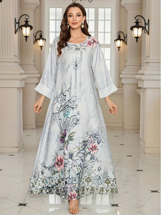 Elegantes Abaya-Kleid mit Blumenmuster und langen Ärmeln - EX-STOCK Canada